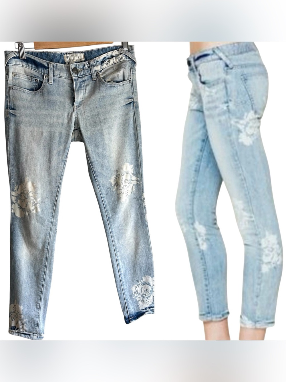 Free People Magnolia Print Light Wash Skinny Ankle Jeans, size 26